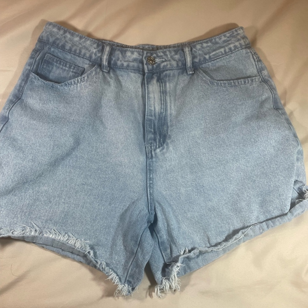 SHEIN Light Blue Denim Women's Shorts with Frayed Hem, Size Large, 8/10.